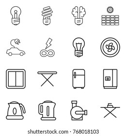 Thin line icon set : bulb, brain, sun power, electric car, infinity, cooler fan, switch, iron board, fridge, kettle, water pump