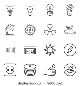 Thin line icon set : bulb, table lamp, sun power, nuclear, eco car, battery, gas station, electricity, socket, pancakes, hand drop, ecology