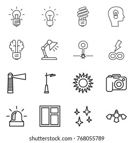 Thin line icon set : bulb, head, brain, table lamp, laser, infinity power, lighthouse, outdoor light, sun, camera, alarm, window, shining, hard reach place cleaning
