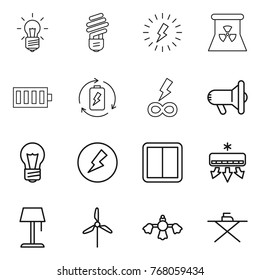 Thin line icon set : bulb, lightning, nuclear power, battery, charge, infinity, megafon, electricity, switch, air conditioning, floor lamp, windmill, hard reach place cleaning, iron board