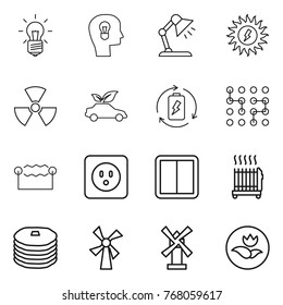 Thin line icon set : bulb, head, table lamp, sun power, nuclear, eco car, battery charge, chip, electrostatic, socket, switch, radiator, pancakes, windmill, ecology