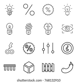 Thin line icon set : bulb, percent, brain, eye identity, infinity power, equalizer, info, bridge, 3d, fence, eggplant
