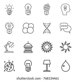 Thin line icon set : bulb, head, brain, atom core, dna, discussion, table lamp, goverment house, sun, disco ball, floor, drop