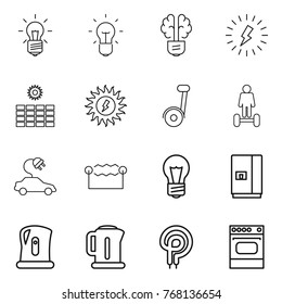 Thin line icon set : bulb, brain, lightning, sun power,  hoverboard, electric car, electrostatic, fridge, kettle, elecric oven