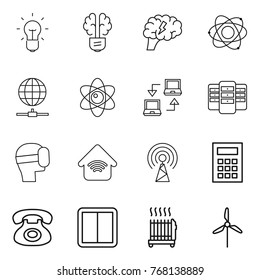 Thin line icon set : bulb, brain, atom, globe connect, notebook, server, virtual mask, wireless home, antenna, calculator, phone, power switch, radiator, windmill