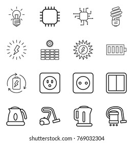 Thin line icon set : bulb, chip, lightning, sun power, battery, charge, socket, switch, kettle, vacuum cleaner