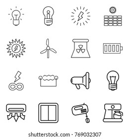 Thin line icon set : bulb, lightning, sun power, windmill, nuclear, battery, infinity, electrostatic, megafon, air conditioning, switch, mixer, coffee maker