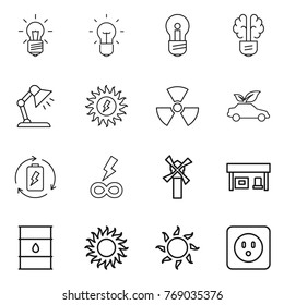 Thin line icon set : bulb, brain, table lamp, sun power, nuclear, eco car, battery charge, infinity, windmill, gas station, barrel, socket