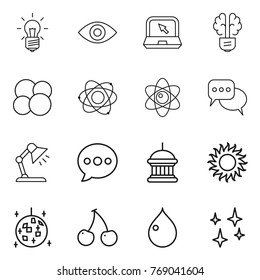 Thin line icon set : bulb, eye, notebook, brain, atom core, discussion, table lamp, balloon, goverment house, sun, disco ball, cherry, drop, shining