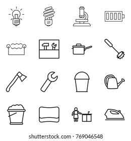 Thin line icon set : bulb, microscope, battery, electrostatic, tools, saute pan, whisk, axe, wrench, bucket, watering can, foam, sponge, kitchen cleaning, iron