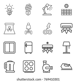 Thin line icon set : bulb, table lamp, sun power, nuclear, hoverboard, infinity, air conditioning, switch, fridge, floor, kettle, hob, water pump, iron