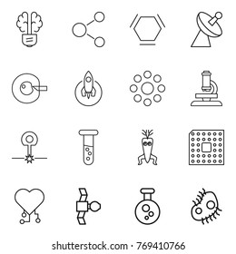 Thin line icon set : bulb brain, molecule, hex, satellite antenna, cell corection, rocket, round around, microscope, laser, vial, dna modify, cpu, cardio chip, chemical, microb