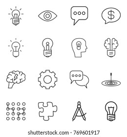 Thin line icon set : bulb, eye, message, money, head, brain, gear, discussion, target, chip, puzzle, draw compass