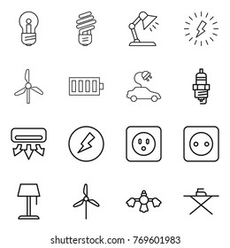 Thin line icon set : bulb, table lamp, lightning, windmill, battery, electric car, spark plug, air conditioning, electricity, power socket, floor, hard reach place cleaning, iron board