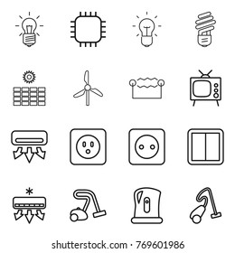 Thin line icon set : bulb, chip, sun power, windmill, electrostatic, tv, air conditioning, socket, switch, vacuum cleaner, kettle