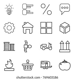 Thin line icon set : bulb, diagram, percent, message, gear, home, window, 3d, district, satellite, scooter shipping, cargo top sign, flammable, basket, trailer, tomato