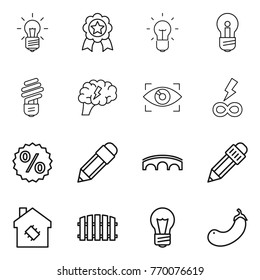 Thin line icon set : bulb, medal, brain, eye identity, infinity power, percent, pencil, bridge, smart house, fence, eggplant