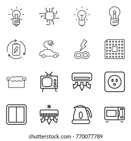 Thin line icon set : bulb, chip, battery charge, electric car, infinity power, cpu, electrostatic, tv, air conditioning, socket, switch, kettle, microwave oven