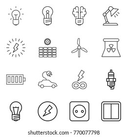 Thin line icon set : bulb, brain, table lamp, lightning, sun power, windmill, nuclear, battery, electric car, infinity, spark plug, electricity, socket, switch