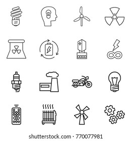 Thin line icon set : bulb, head, windmill, nuclear, power, battery charge, crystall memory, infinity, spark plug, factory, motorcycle, remote control, radiator, gears