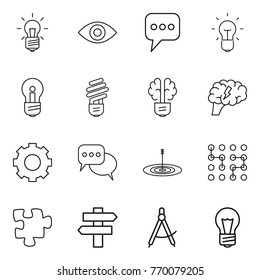 Thin line icon set : bulb, eye, message, brain, gear, discussion, target, chip, puzzle, singlepost, draw compass