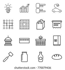 Thin line icon set : bulb, diagram, electric car, chip, cpu, shopping bag, atm receipt, goverment house, bunker, university, fridge, meat hammer, bank, ketchup, bread