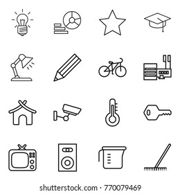 Thin line icon set : bulb, diagram, star, graduate hat, table lamp, pencil, bike, mall, bungalow, surveillance, thermometer, key, tv, speaker, measuring cup, rake