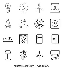 Thin line icon set : bulb, lightning, windmill, nuclear power, hoverboard, electric car, cooler fan, socket, iron, washing machine, fridge, floor lamp, elecric oven, hand dryer