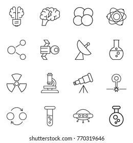 Thin line icon set : bulb brain, atom core, molecule, satellite, antenna, round flask, nuclear, microscope, telescope, laser, quantum bond, vial, ufo, chemical