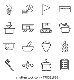 Thin line icon set : bulb, diagram, flag, bunker, package, railroad shipping, transporter tape, steam pan, colander, mortar, berry, spikelets, tooth brush, hard reach place cleaning, hanger