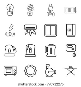 Thin line icon set : bulb, hoverboard, battery, infinity power, air conditioning, switch, fridge, kettle, mixer, grill oven, induction, water pump, iron board
