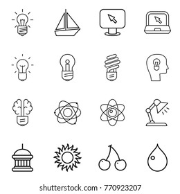 Thin line icon set : bulb, boat, monitor arrow, notebook, head, brain, atom, table lamp, goverment house, sun, cherry, drop
