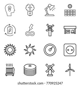 Thin line icon set : bulb head, brain, table lamp, sun power, battery charge, infinity, windmill, gas station, barometer, socket, radiator, pancakes