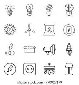 Thin line icon set : bulb, brain, sun power, windmill, nuclear, battery charge, infinity, electrostatic, megafon, spark plug, electricity, socket, air conditioning, floor lamp