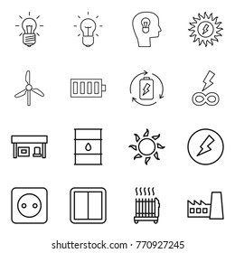 Thin line icon set : bulb, head, sun power, windmill, battery, charge, infinity, gas station, barrel, electricity, socket, switch, radiator, factory