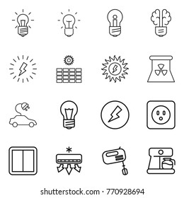 Thin line icon set : bulb, brain, lightning, sun power, nuclear, electric car, electricity, socket, switch, air conditioning, mixer, coffee maker
