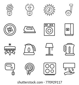 Thin line icon set : bulb, brain, sun power, segway, cooler fan, iron, washing machine, fridge, air conditioning, kettle, floor lamp, mixer, elecric oven, hob, hand dryer