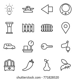 Thin line icon set : bulb, scales, left arrow, necklace, airport tower, fence, geo pin, car shipping, warehouse, key, golf, dresser, hot pepper, pear, wasp