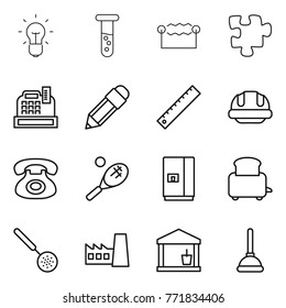 Thin line icon set : bulb, vial, electrostatic, puzzle, cashbox, pencil, ruler, building helmet, phone, tennis, fridge, toaster, skimmer, factory, utility room, plunger