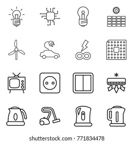 Thin line icon set : bulb, chip, sun power, windmill, electric car, infinity, cpu, tv, socket, switch, air conditioning, kettle, vacuum cleaner