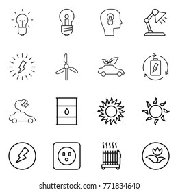 Thin line icon set : bulb, head, table lamp, lightning, windmill, eco car, battery charge, electric, barrel, sun, electricity, power socket, radiator, ecology