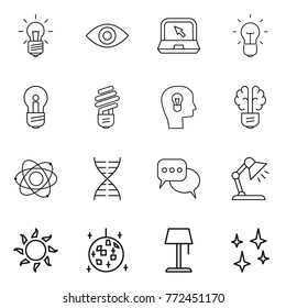 Thin line icon set : bulb, eye, notebook, head, brain, atom, dna, discussion, table lamp, sun, disco ball, floor, shining
