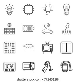 Thin line icon set : bulb, chip, sun power, battery, electric car, infinity, cpu, electrostatic, tv, switch, microwave oven, vacuum cleaner