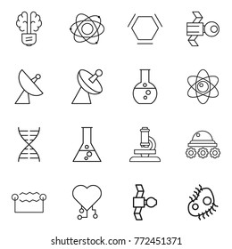 Thin line icon set : bulb brain, atom, hex molecule, satellite, antenna, round flask, dna, microscope, lunar rover, electrostatic, cardio chip, microb