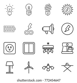 Thin line icon set : bulb, sun power, battery, infinity, megafon, electricity, socket, switch, air conditioning, coffee maker, floor lamp, windmill, hard reach place cleaning, iron board