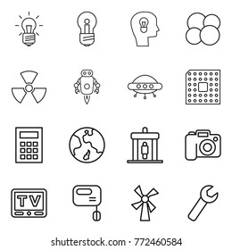 Thin line icon set : bulb, head, atom core, nuclear, jet robot, ufo, cpu, calculator, earth, detector, camera, tv, mixer, windmill, wrench