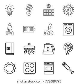 Thin line icon set : bulb, sun power, hoverboard, battery, infinity, washing machine, fridge, air conditioning, kettle, elecric oven, induction, hob, blender