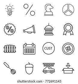 Thin line icon set : bulb, percent, chess horse, diagram, loudspeaker, goverment house, medal, fence, calendar, customs, cooler fan, whisk, acorn, car wash, package