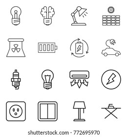 Thin line icon set : bulb, brain, table lamp, sun power, nuclear, battery, charge, electric car, spark plug, air conditioning, electricity, socket, switch, floor, iron board