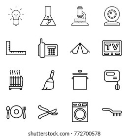 Thin line icon set : bulb, flask, microscope, web cam, ruler, phone, tent, tv, radiator, broom, pan, mixer, fork spoon plate, pruner, washing machine, brush